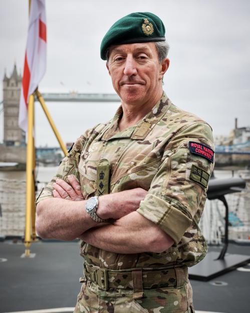 Portrait of General Sir Gwyn Jenkins KCB OBE RM in uniform with the Tower Bridge in the background.
