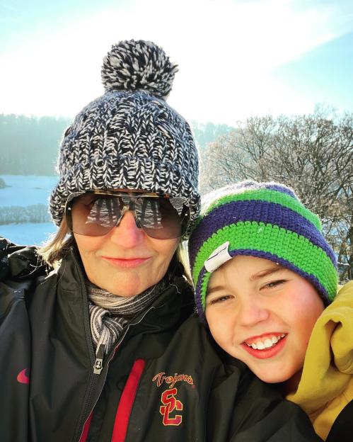 Mary Portas with her son Horatio in winter clothes.