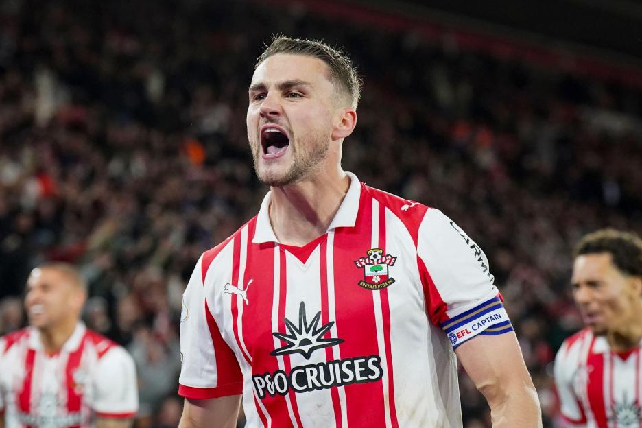 Southampton defender Taylor Harwood-Bellis (6) celebrates Southampton defender Shea Charles (24) goal 2-1 during the Southampton v Middlesbrough EFL Sky Bet Championship Play-Off Semi-Final 2nd Leg match at St Mary's Stadium, Southampton, England o
