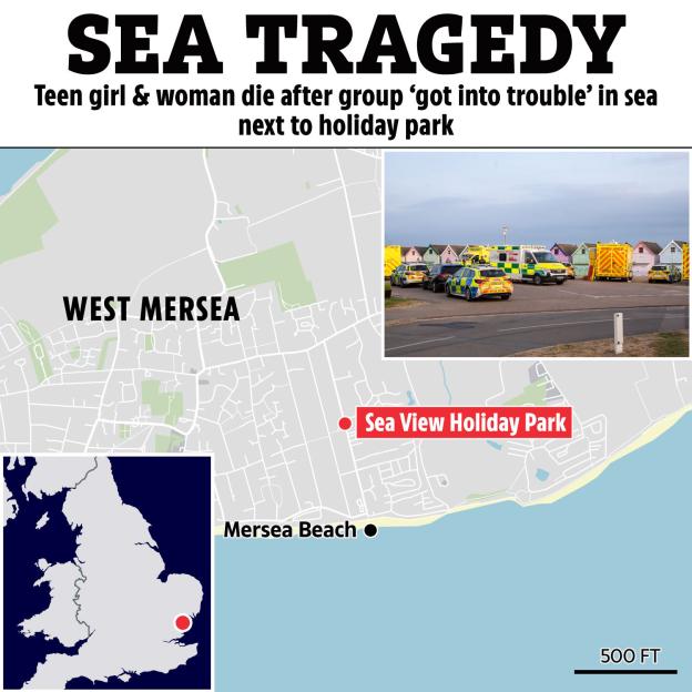 Collage of a map of West Mersea and the surrounding sea, with an inset of emergency vehicles parked by beach huts, and another inset showing England with a red dot.