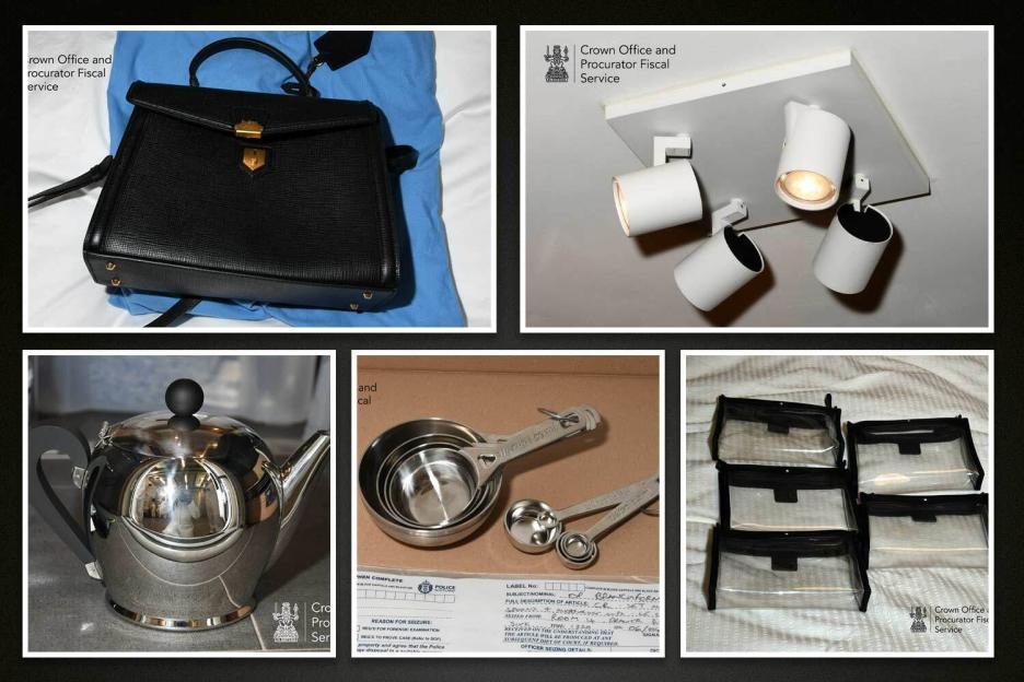 Collage of items seized from Peter Murrell's property, including a black handbag, ceiling lights, a teapot, measuring cups, and clear storage bags.