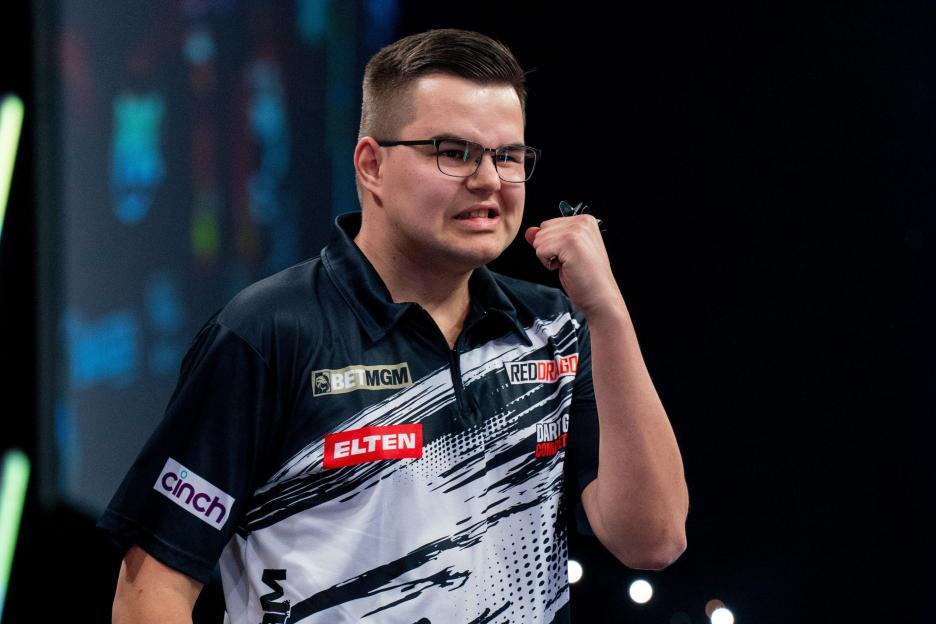 Birmingham, UK. 14th May, 2026. Gian van Veen celebrates winning against Josh Rock during the 2026 BetMGM Premier League Darts, Night 15 at the Utilita Arena, Birmingham, England on 14 May 2026 Credit: Alex Young/Every Second Media Credit: Every Seco