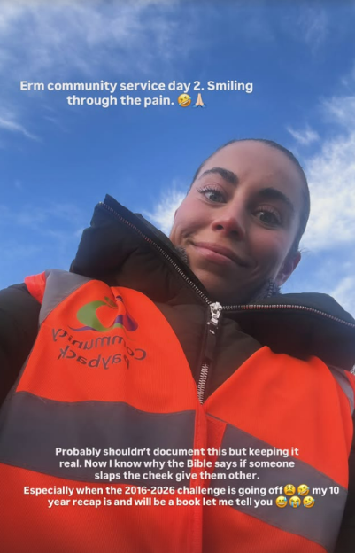 Katie Salmon in a hi-vis jacket, performing community service.