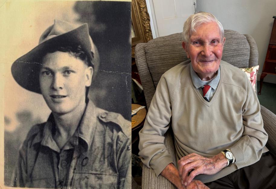 Collage of a black and white portrait of Charlie Richards as a young soldier and a color portrait of him as an older man.