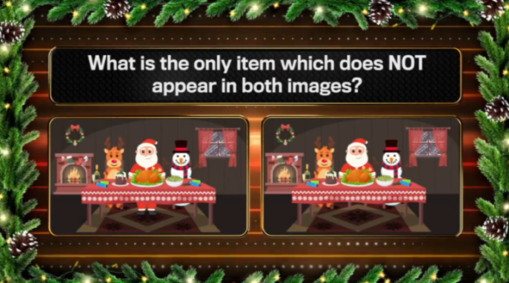 Illustration of a Christmas spot-the-difference puzzle with two scenes of Santa, a reindeer, and a snowman at a dinner table.