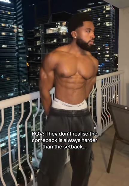 Remell Ellis-Mullings standing shirtless on a balcony at night with a city skyline in the background, with the text "POV: They don't realise the comeback is always harder than the setback..."
