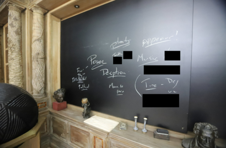 A chalkboard with the words "Power," "Deception," "Music," "Plants," and "Time" written on it.
