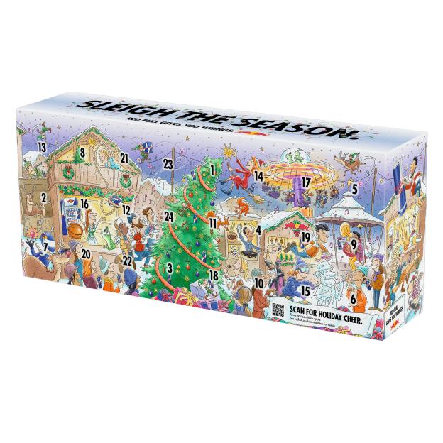 Illustration of a Red Bull Advent Calendar with a winter village scene and numbered doors.