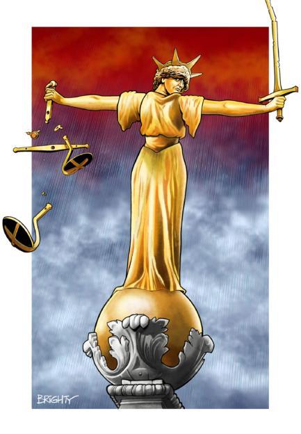 Illustration of a Lady Justice statue with a broken sword and scales falling apart, against a red sky and stormy grey background.