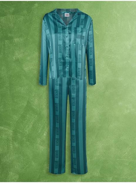 Green and dark green striped pajamas with "WICKED" written vertically on the stripes.