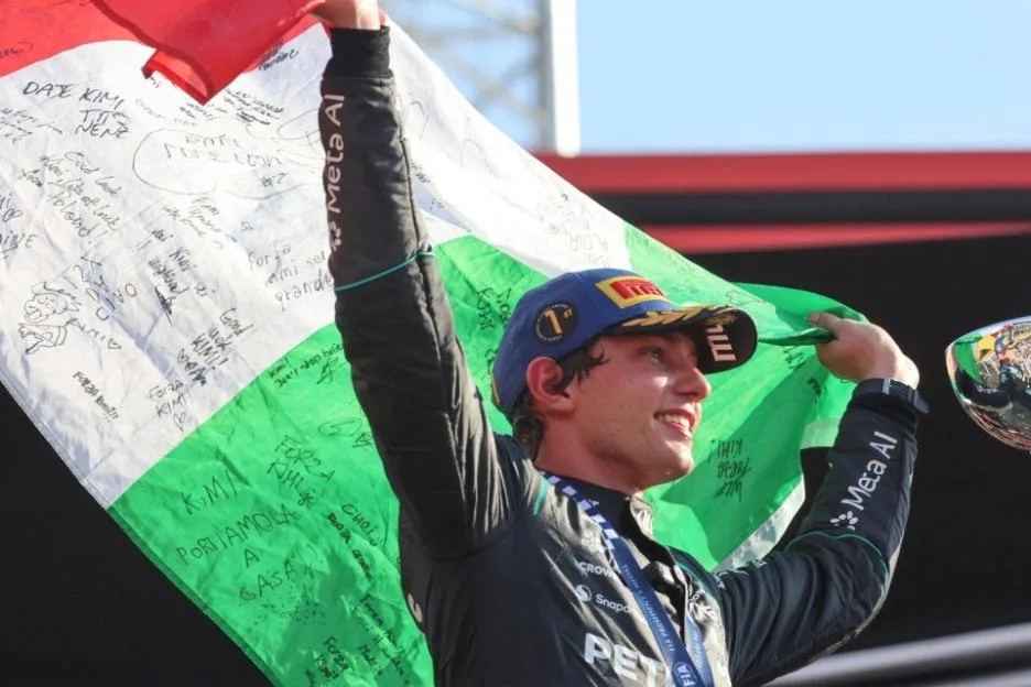 Kimi Antonelli of Italy and Mercedes-AMG Petronas F1 Team is celebrating on the podium after winning the Formula 1 Pirelli Gran Premio d'Italia at Autodromo Nazionale Monza in Monza, Italy on September 6, 2026