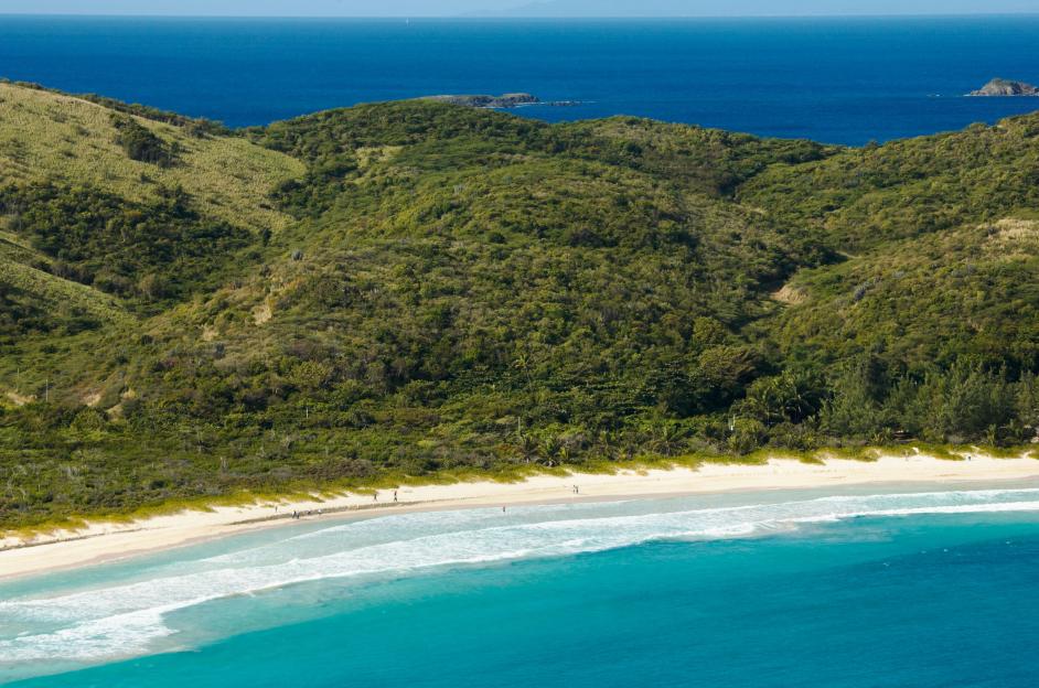 An aerial view of Flamenco Beach in Culebra, Puerto Rico, with lush green hills sloping down to the white sand beach and turquoise Caribbean waters with gentle waves.