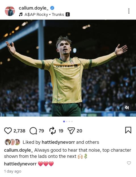 Social media post by Callum Doyle showing him in a football uniform on a field with his arms raised.