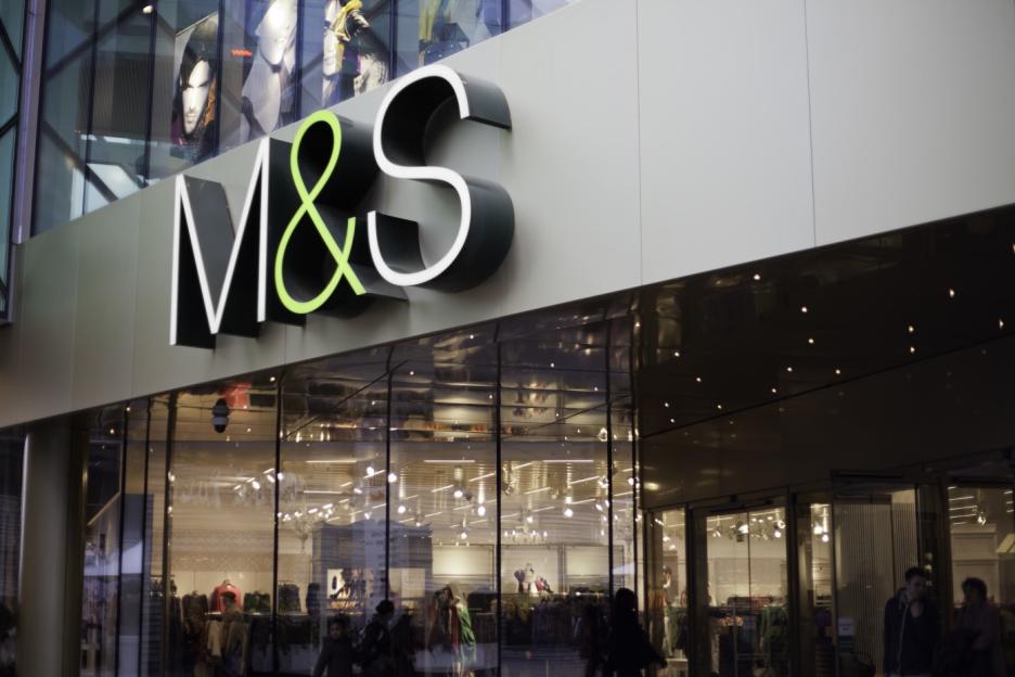M&S store sign at Westfield Shopping Centre in Stratford, London.