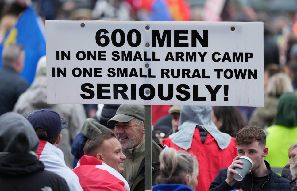 Protesters marching with flags