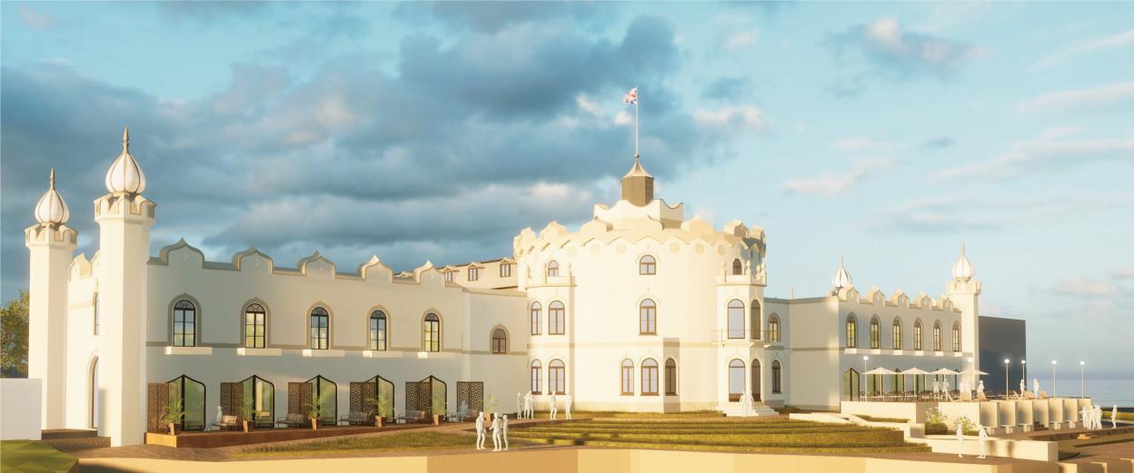 Illustration of the renovated Tudor Hotel on Paignton's seafront, with castle-like features, an outdoor dining area, and people figures.
