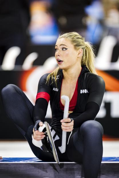 Jutta Leerdam after the women's 500m speed skating event.
