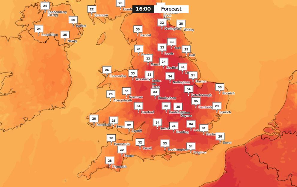 Weather map showing temperature forecasts across the UK, with warmer temperatures in the southeast.