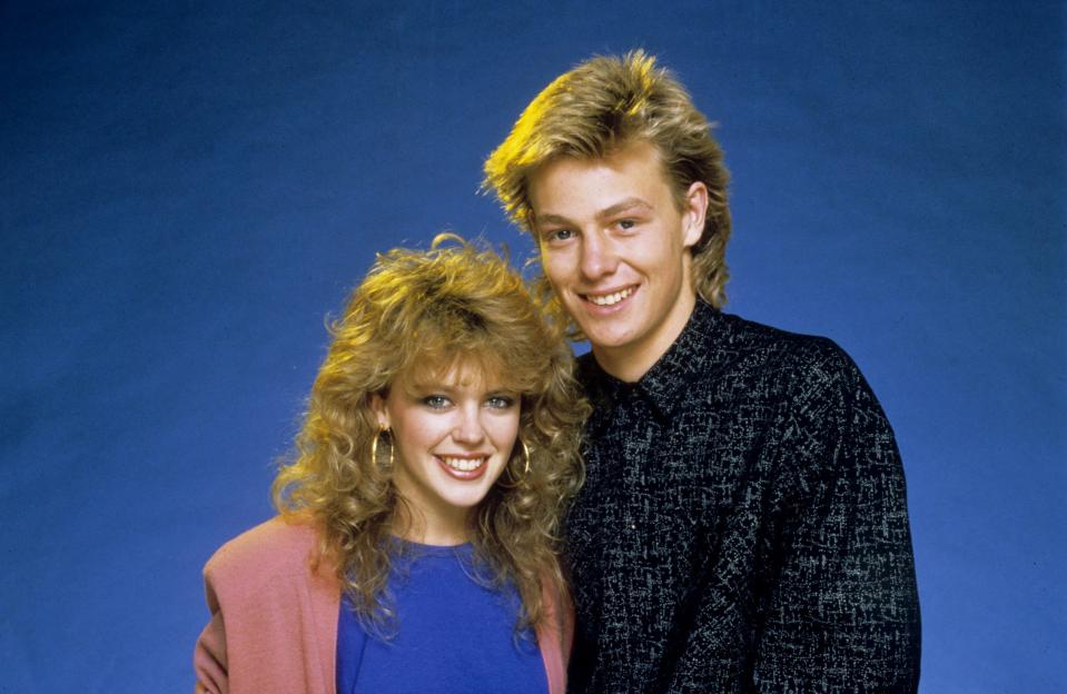 Kylie Minogue and Jason Donovan, cast members of the TV series "Neighbours."