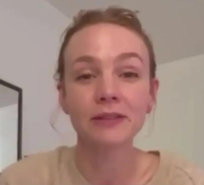Carey Mulligan speaking with text overlaid.