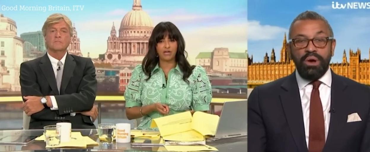 Three news anchors, two in a studio and one via live feed, discussing a proposed ban on a four-day working week for council staff.