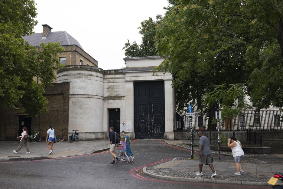 The gates of the former Royal Mint site at Tower Bridge, Wapping, London.