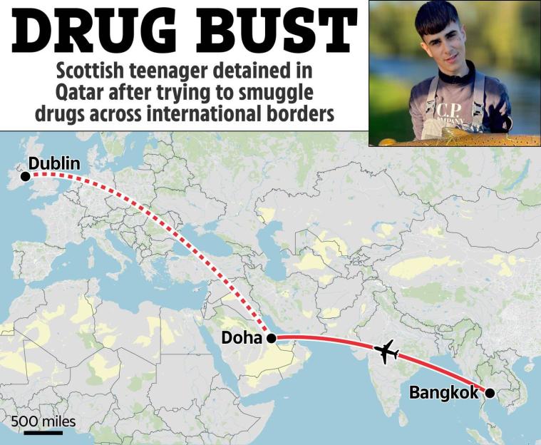 Collage of a map showing drug smuggling routes from Dublin to Doha and Bangkok, with an inset photo of a young man, and text about a Scottish teenager detained in Qatar for drug smuggling.