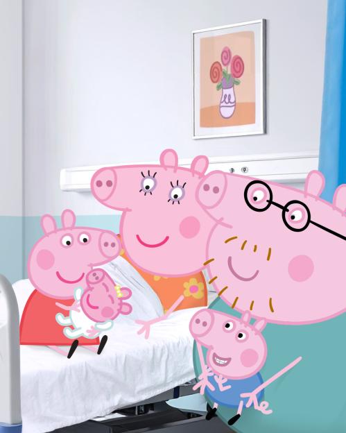 Illustration of Daddy Pig, Mummy Pig, Peppa Pig, and George with new sibling Evie in a hospital room.