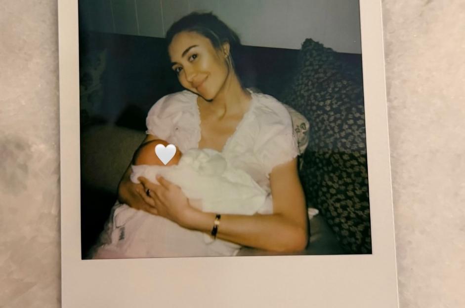 Sophie Habboo cradling baby Ziggy, days after welcoming her first child.