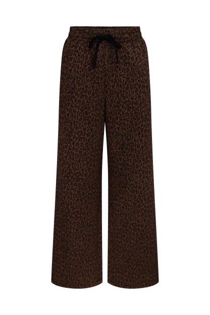 Brown wide-leg trousers with a leopard print and a black drawstring.