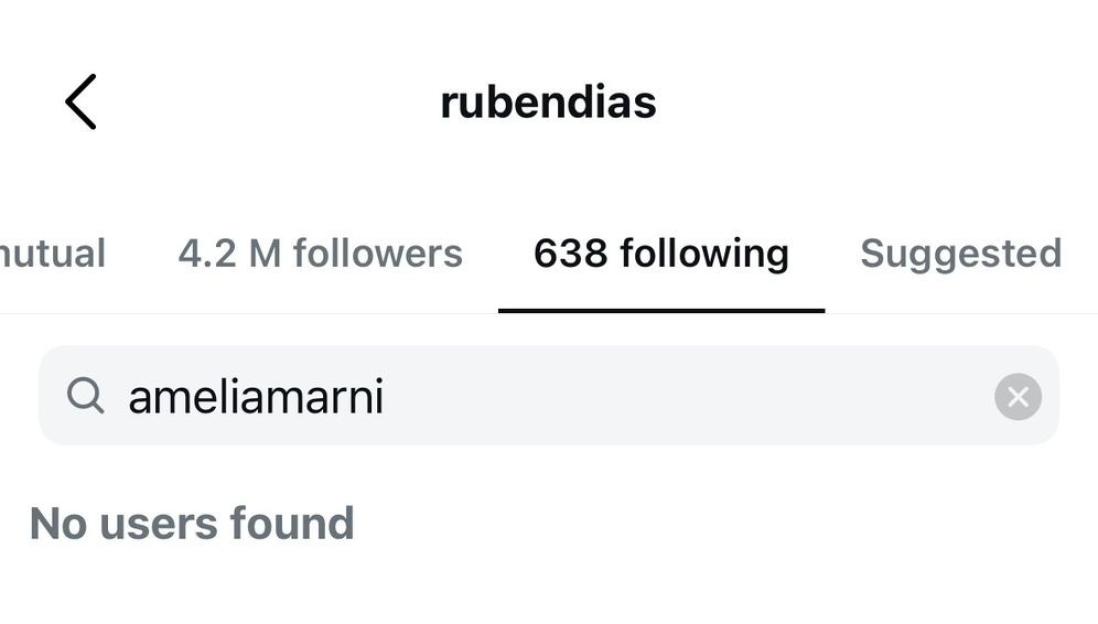 Screenshot of an Instagram user Ruben Dias searching for "ameliamarni" in their 638 following list, with the result "No users found" implying the user has been unfollowed.