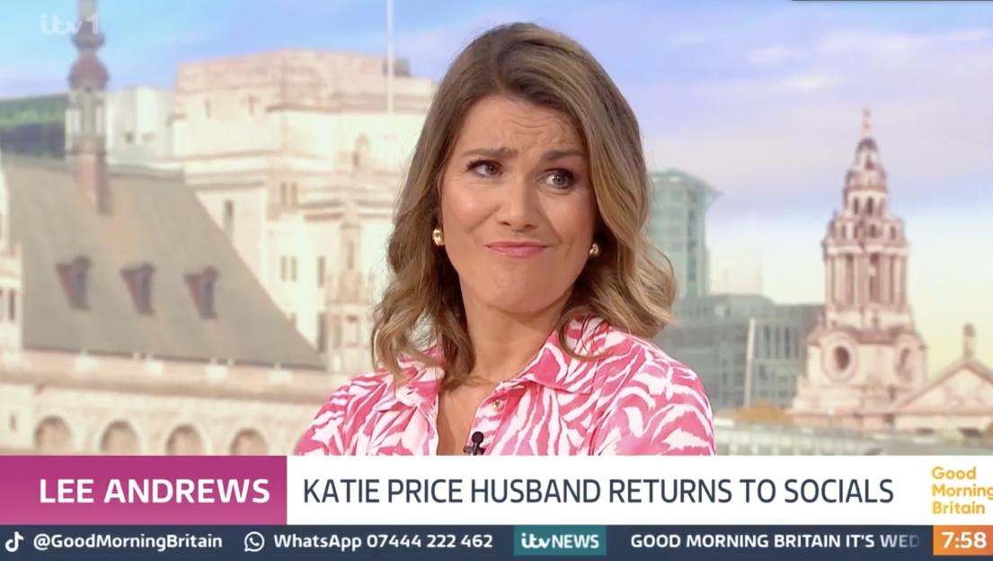 A woman in a pink and white shirt makes a face that implies she's rolling her eyes on Good Morning Britain.