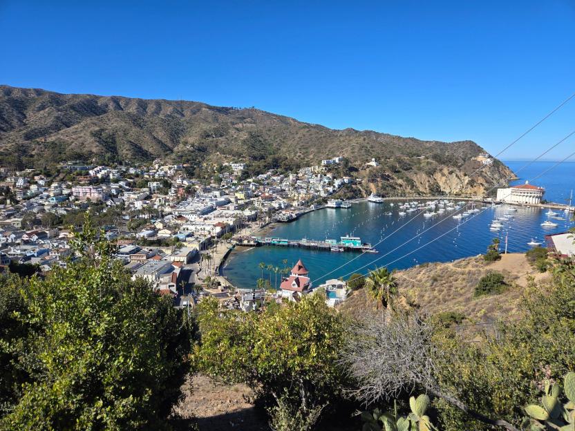 Aerial view of Avalon Bay on Catalina Island, California, with boats, a pier, and the Catalina Casino.