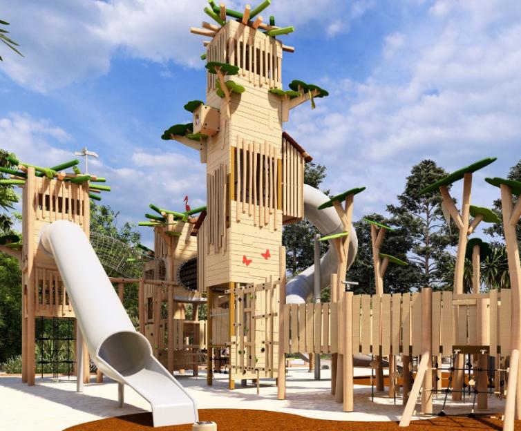 Illustration of a large wooden playground with multiple slides and climbing structures designed like trees.