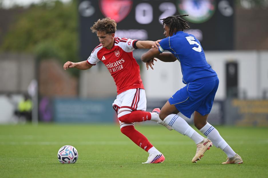 Max Dowman of Arsenal challenged by Olutayo Subuloye of Chelsea during the Premier League 2 match.