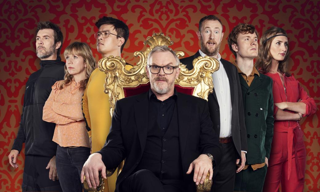 Rhod Gilbert, Kerry Godliman, Phil Wang, Greg Davies, Alex Horne, James Acaster and Jessica Knappett from Taskmaster Series 7.