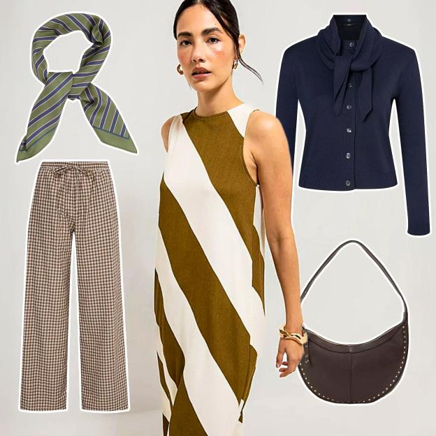 Collage of a woman wearing a striped dress surrounded by fashion accessories.