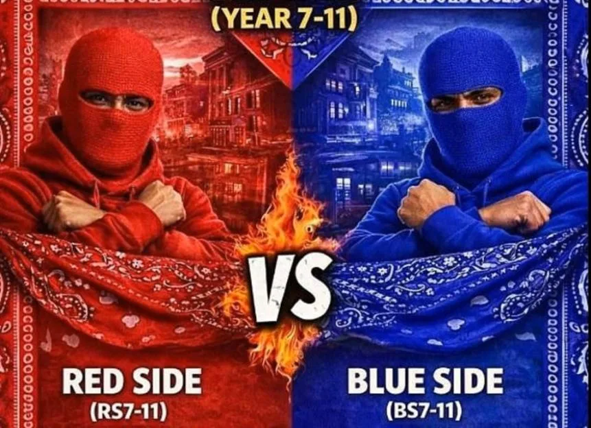 Illustration depicting a "school wars" flyer with a red side and a blue side.