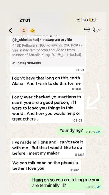 A text message conversation where one person tells Alana they are terminally ill.
