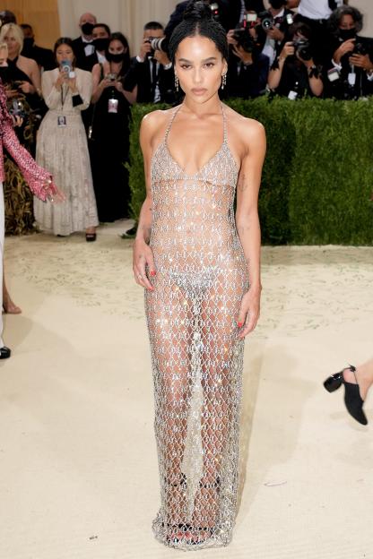Zoë Kravitz in a sheer silver dress.