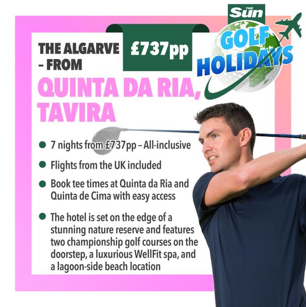 Illustration of a man golfing and a golf holiday advertisement for The Algarve from £737pp.