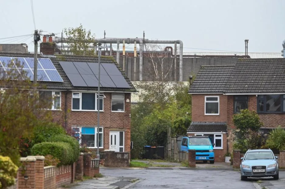 Houses in Thornton-Cleveleys with the ICI chemical plant visible in the background.