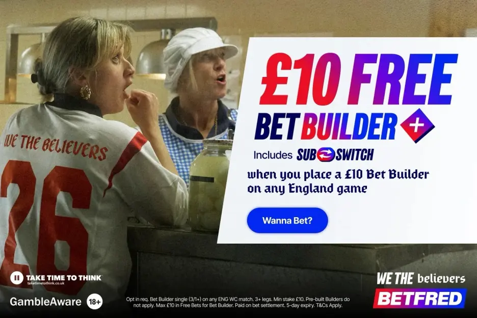 An image of a woman wearing a white shirt with "WE THE BELIEVERS" written on it next to a Betfred ad for a £10 free bet builder.