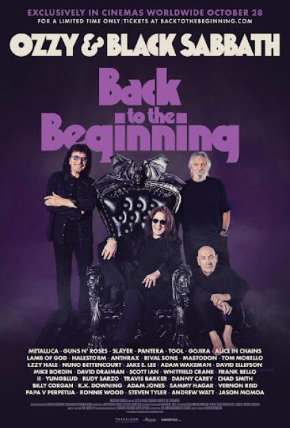 Promotional movie poster for "Ozzy & Black Sabbath: Back to the Beginning" featuring Ozzy Osbourne on a throne with three other men, surrounded by text listing various musical artists.