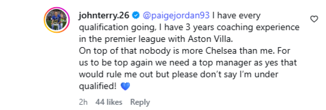 A social media post from "johnterry.26" stating his qualifications and experience in football coaching.