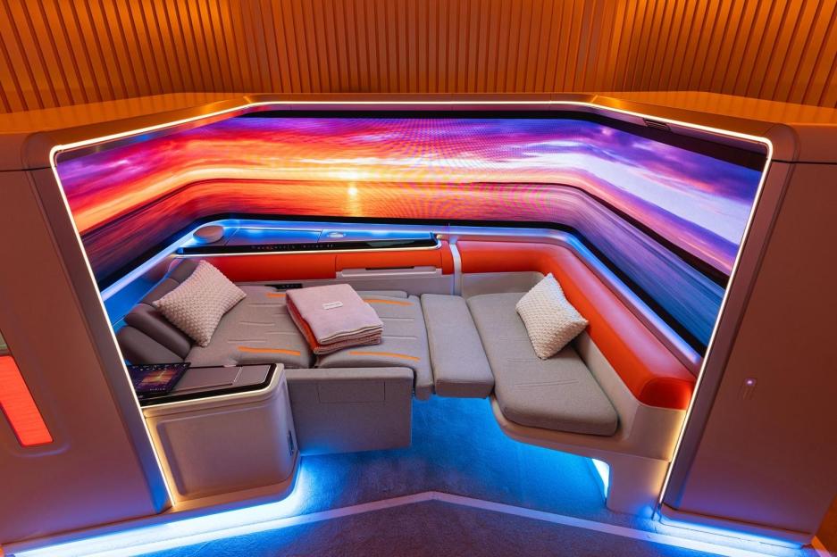 The Safran and RAVE Aerospace Origin concept cabin with customizable seating and a panoramic display.