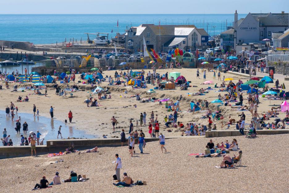 Lyme Regis, Dorset, UK. 25th April 2026. UK Weather: Visitors and locals soak up the hot sunshine on the beach at the seaside resort of Lyme Regis. Credit: Celia McMahon/Alamy Live News.