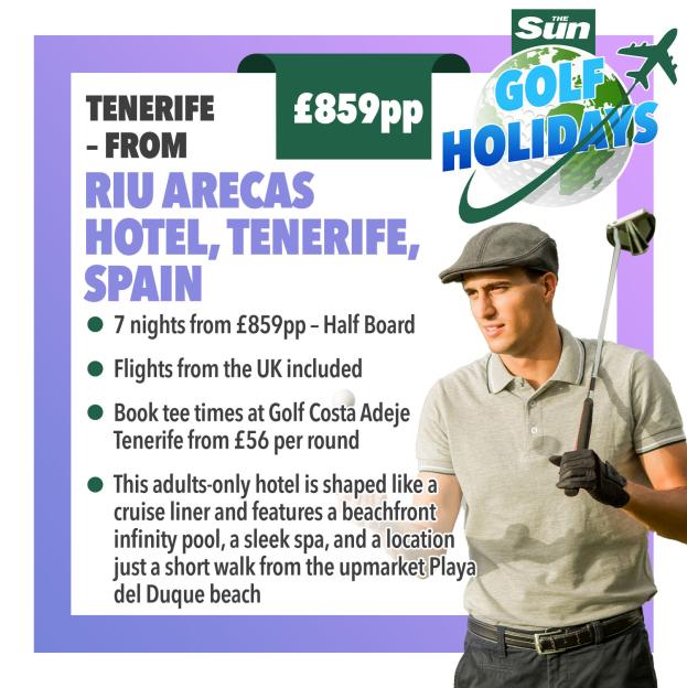 An advertisement for golf holidays in Tenerife, with a man holding a golf club and a list of inclusions and hotel features.