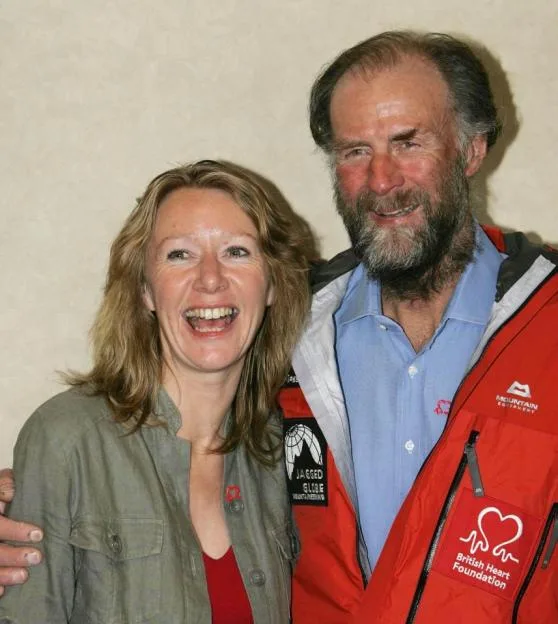 Sir Ranulph Fiennes and Lady Louise laughing after returning from a failed Everest attempt.