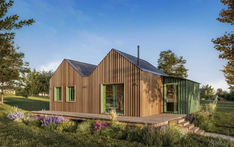 Illustration of a wooden holiday lodge with a green extension and a decking area, set in a natural landscape.